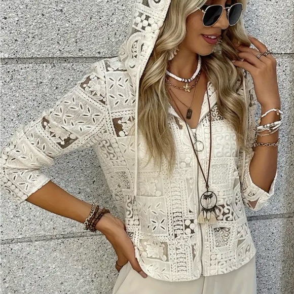 Elegant Cream Crochet Hoodie Jacket - Picture 6 of 8